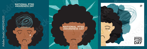 National PTSD Awareness day, celebrated on June 27. Woman with Post-traumatic stress disorder syndromes. Some wounds are invincible. Mental trauma concept. Set of Vector Illustration.