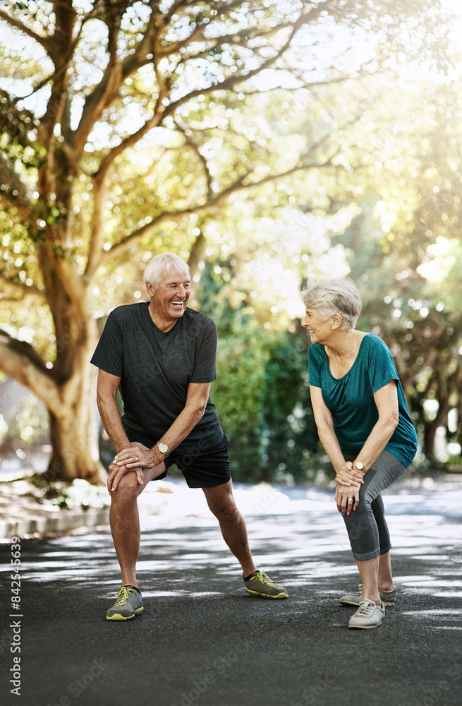 Outdoor, stretching and old couple with exercise, fitness and workout with challenge, healthy and energy. People in park, senior man and mature woman with training, wellness and cardio with balance Outdoor, stretching and old couple with exercise, fitness and workout with challenge, healthy and energy. People in park, senior man and mature woman with training, wellness and cardio with balance