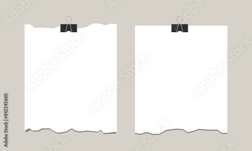 Torn paper pinned with steel binder clip, flat style. Vector illustration photo
