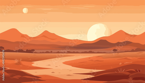 Sunset in the desert. Vector illustration in a flat style.