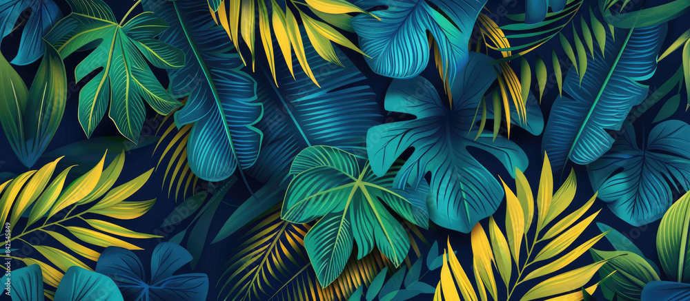 Seamless tropical leaf pattern in shades of blue and green, with yellow and teal highlights on a dark background Seamless tropical leaf pattern in shades of blue and green, with yellow and teal highlights on a dark background