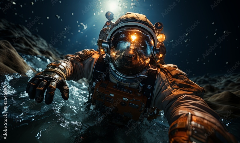 Diver in Diving Suit Floating in Water Diver in Diving Suit Floating in Water