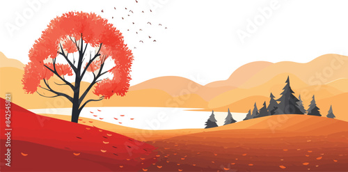 Autumn landscape with lake, trees and mountains. Vector illustration.