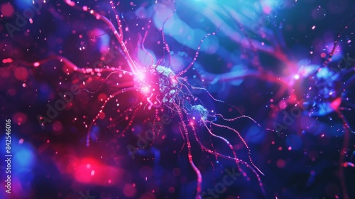 Neuron cells sending electrical chemical signals. Realistic shot of An illustration showing the closeup view of an isolated neurons with colorful lighting and detailed textures, Medical reference photo
