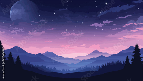Mountain landscape at night with stars and moon. Vector illustration.