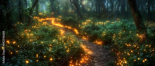 A dense, enchanted forest with a winding path, lit by soft, magical lights.  © Suradet Rakha