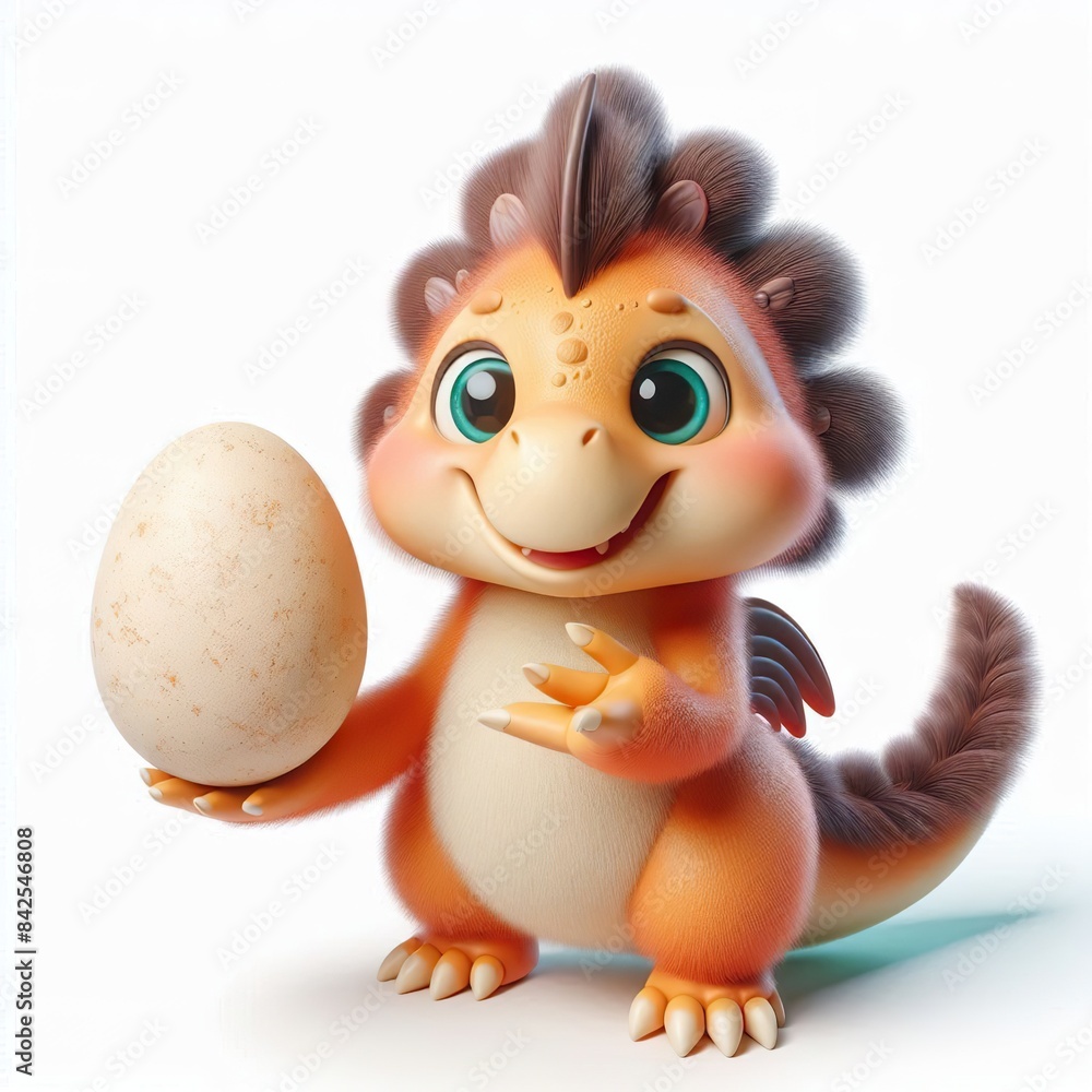a 3D Full body funny Dinosaur holding an egg in her hand, white background a 3D Full body funny Dinosaur holding an egg in her hand, white background