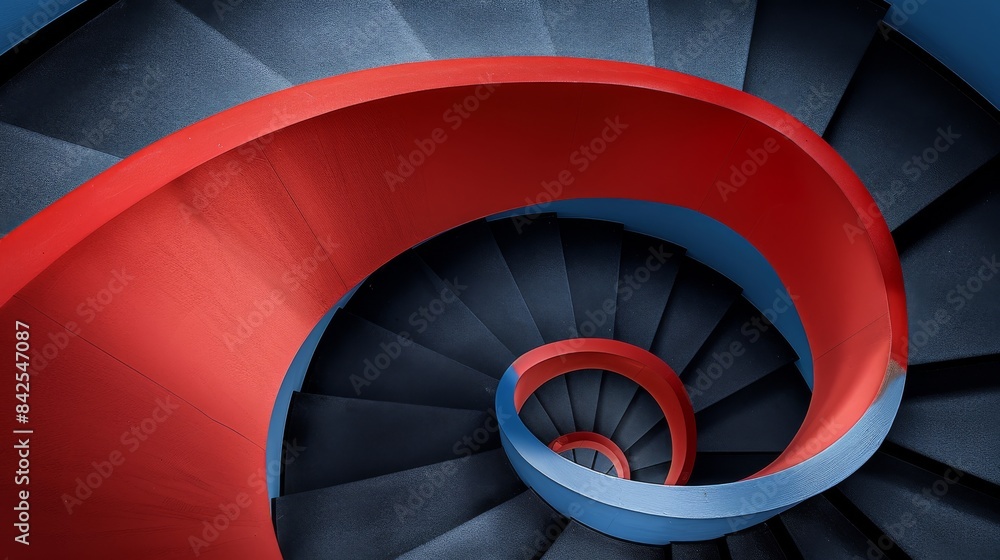 Fototapeta premium A spiral staircase with red walls and black carpet, captured from an overhead angle, showcases the contrast between two colors in modern architectural environments