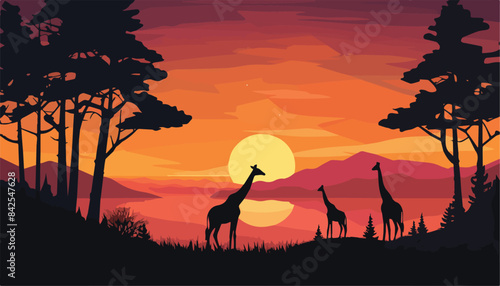 Silhouettes of giraffes at sunset. Vector illustration.