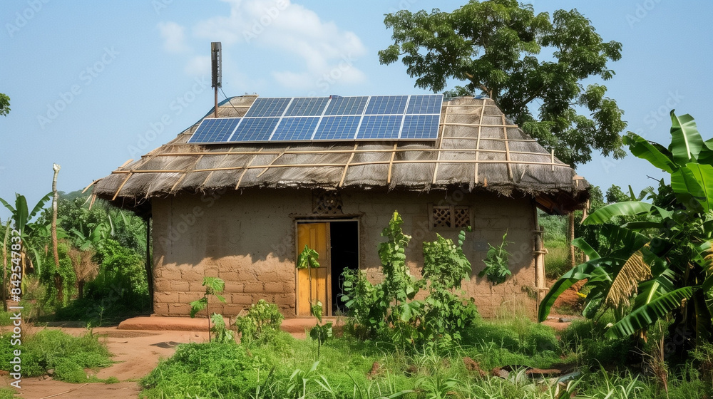 A modest house in Africa with solar panels on the roof, symbolizing hope for access to electricity in poor communities. A modest house in Africa with solar panels on the roof, symbolizing hope for access to electricity in poor communities.