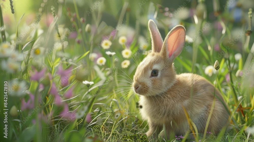 Fototapeta premium A charming young European rabbit rests in the meadow