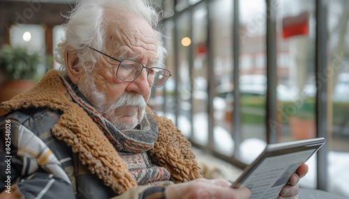 An elderly man wearing glasses is sitting at a table and using a tablet computer