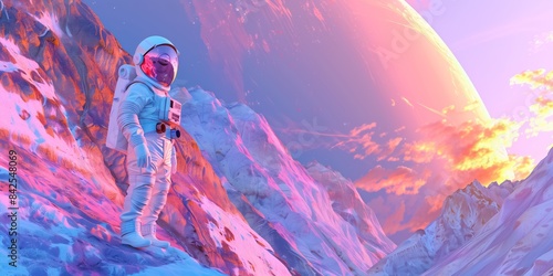 An astronaut is exploring a vibrant, icy alien landscape with a large planet and colorful sky in the background, creating a majestic and breathtaking scene of discovery photo