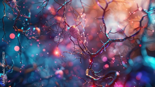 Neuron cells sending electrical chemical signals. Realistic shot of An illustration showing the closeup view of an isolated neurons with colorful lighting and detailed textures, Medical reference © Mentari