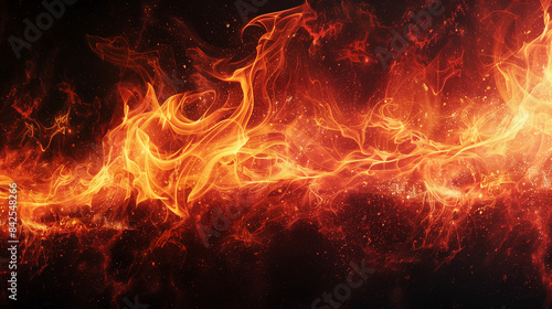A structure of fire flames on a dark background, showcasing the vivid colors and details of the roaring fire, creating dynamic contrast and visual impact. © Sawyer0