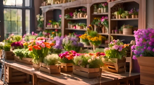 Wallpaper Mural Flower shop with colorful flower arrangements on shelves Torontodigital.ca