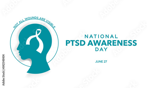 National PTSD Awareness Day Banner on white background with post-traumatic stress disorder elements. Editable Vector Illustration. Not all wounds are visible. Teal Human profile with awareness ribbon
