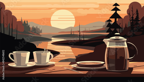 Coffee on the table in the forest at sunset. Vector illustration