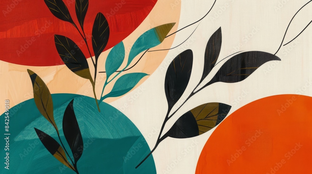 Abstract Leaves and Circles Design in Bold Colors for Modern Art Prints and Home Decor Abstract Leaves and Circles Design in Bold Colors for Modern Art Prints and Home Decor