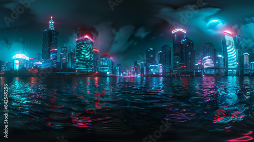 futuristic cyberpunk night city with troninspired neon lights 360 panorama hdri 