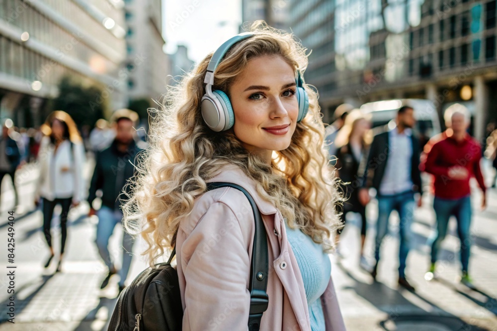 Music lover. A young beautiful curly-haired woman with a backpack in the background of the street and people. A tourist girl listens to music with headphones and walks around the city. Music lover. A young beautiful curly-haired woman with a backpack in the background of the street and people. A tourist girl listens to music with headphones and walks around the city.