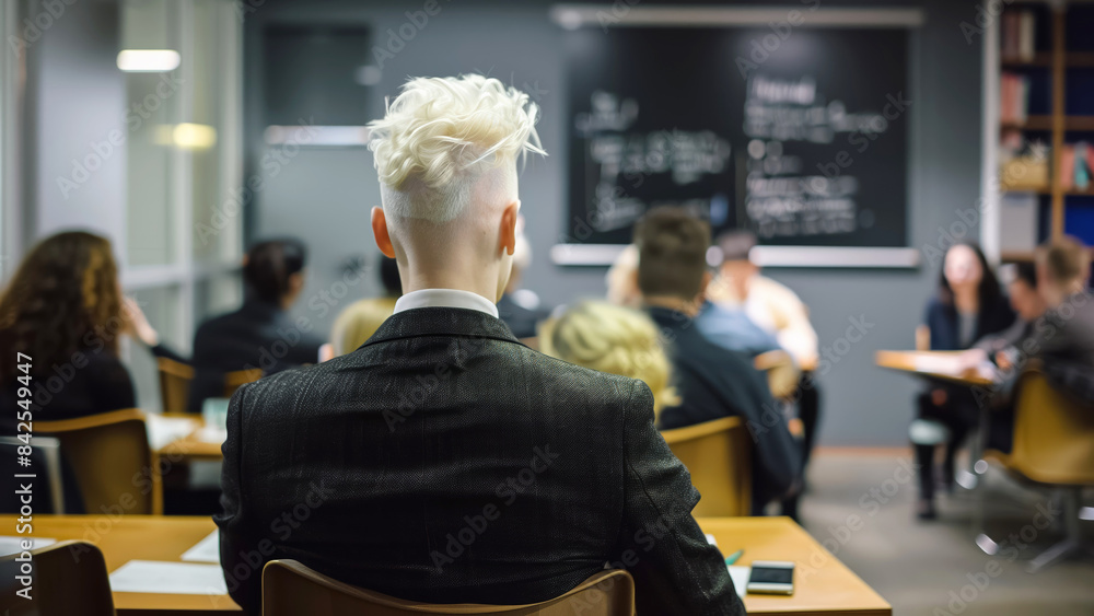 Fototapeta premium In a classroom, students are paying close attention to a lecture given by an instructor in front of a blackboard, engaging in a focused learning environment