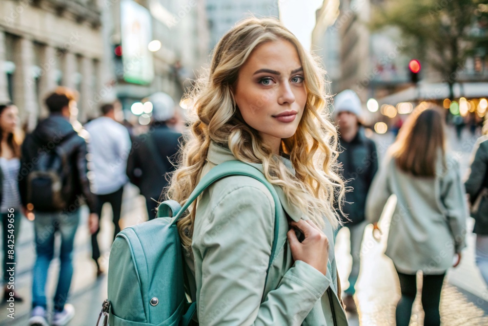 Fototapeta premium Portrait of a happy beautiful traveler with a backpack in the city on the background of a beautiful bokeh. Traveling alone, a lifestyle. A young tourist is enjoying his vacation.