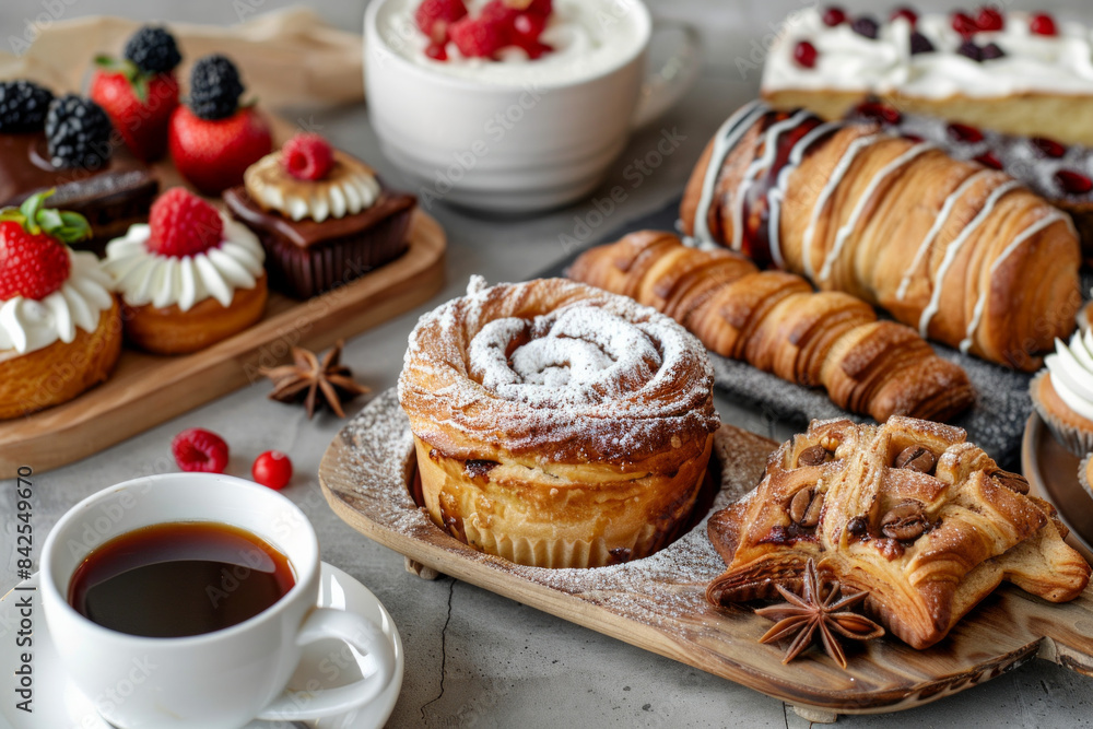 A delicious dessert spread with various pastries and a cup of coffee, showcasing a perfect pairing A delicious dessert spread with various pastries and a cup of coffee, showcasing a perfect pairing