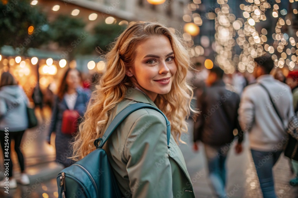 Portrait of a happy beautiful traveler with a backpack in the city on the background of a beautiful bokeh. Traveling alone, a lifestyle. A young tourist is enjoying his vacation. Portrait of a happy beautiful traveler with a backpack in the city on the background of a beautiful bokeh. Traveling alone, a lifestyle. A young tourist is enjoying his vacation.