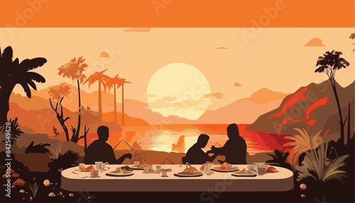 Restaurant on the beach at sunset. Vector illustration in flat style