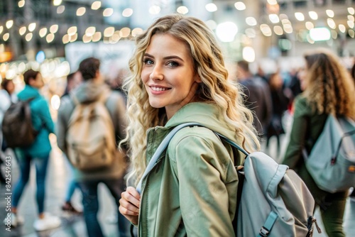 Portrait of a happy beautiful traveler with a backpack in the city on the background of a beautiful bokeh. Traveling alone, a lifestyle. A young tourist is enjoying his vacation. © Юлия Клюева