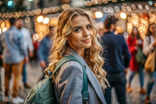 Portrait of a happy beautiful traveler with a backpack in the city on the background of a beautiful bokeh. Traveling alone, a lifestyle. A young tourist is enjoying his vacation.