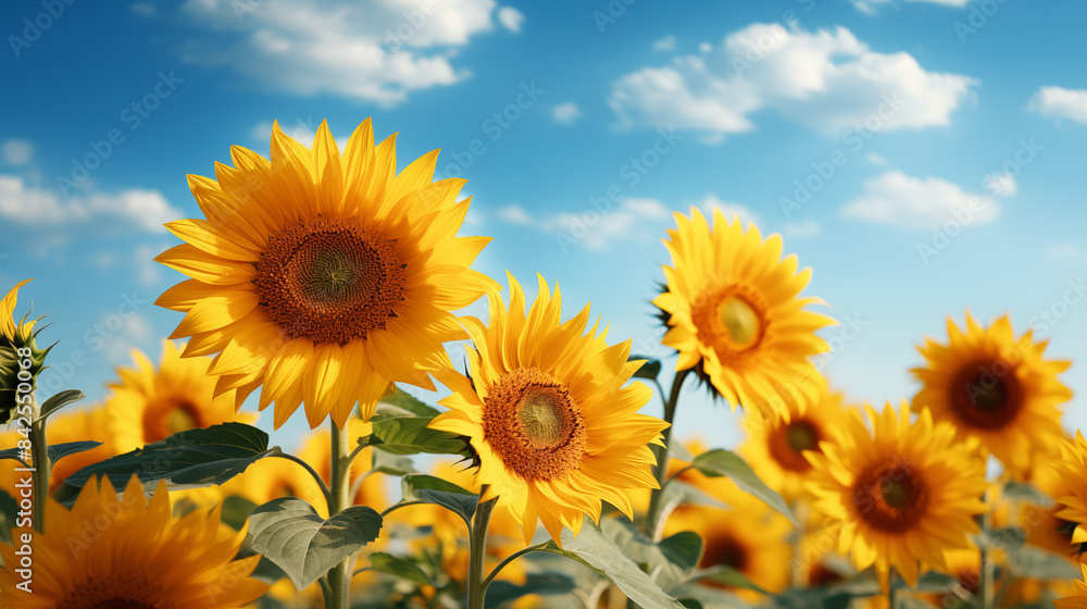 Fototapeta premium Sunflower field with cloudy blue sky