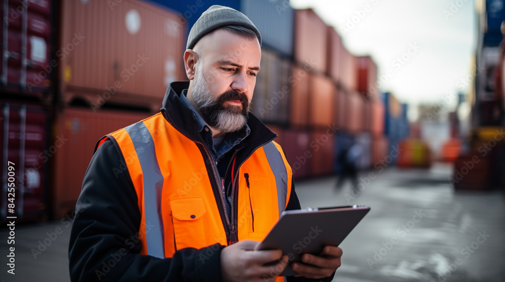 A male worker using a tablet works in a seaport container yard warehouse. Container warehouse inspection. A male worker using a tablet works in a seaport container yard warehouse. Container warehouse inspection.