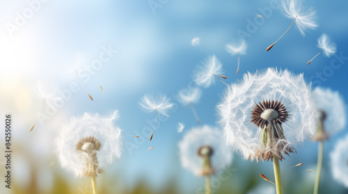 Beautiful puffy dandelion and flying seeds against blue sky on sunny day.