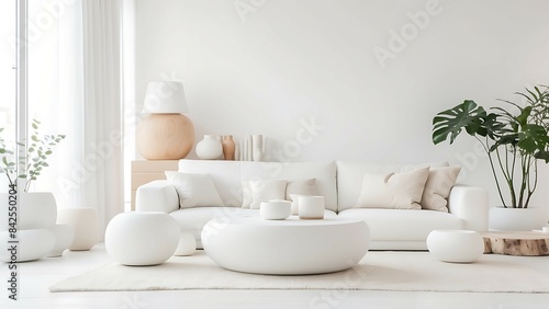 Modern living room interior with white sofa and plant.  