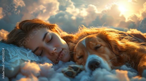 A young woman sleeping hugging her dog, in a comfortable bed with cotton clouds. Peaceful sleep and cozy night scene.
 photo