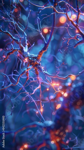 Neuron cells sending electrical chemical signals. Realistic shot of An illustration showing the closeup view of an isolated neurons with colorful lighting and detailed textures, Medical reference