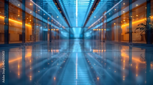 Sophisticated Office Hallway with Reflective Glass Surfaces and Blurred Background, simple 