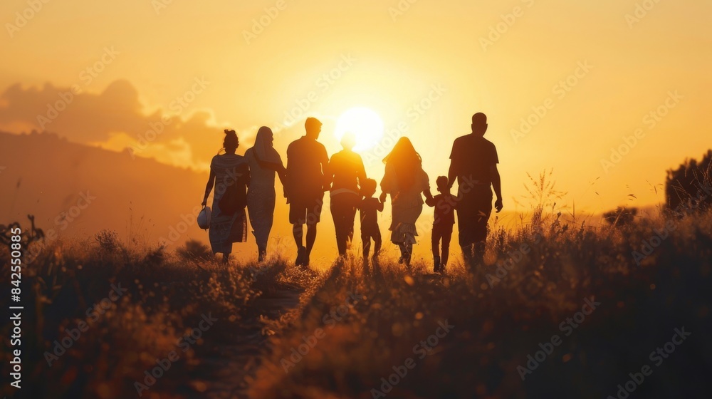 the silouhette of a family with many members, sunset light the silouhette of a family with many members, sunset light
