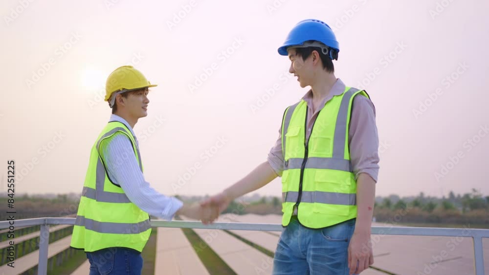 Young engineer making handshake, work with photovoltaic panel system. Young engineer making handshake, work with photovoltaic panel system.
