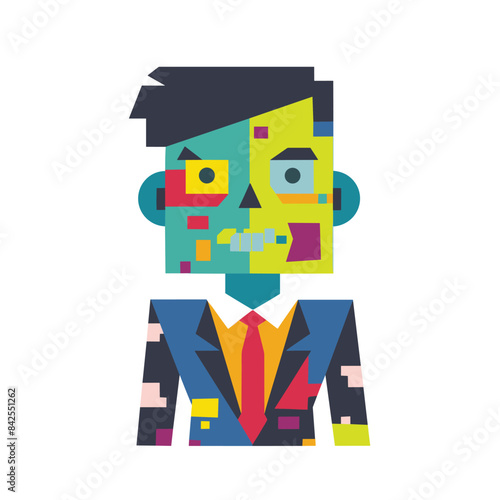 Colorful geometric businessman character illustration, modern abstract style, isolated white background. Businessman green skin, different colored eyes, suit tie cubist art vector. Cartoon male