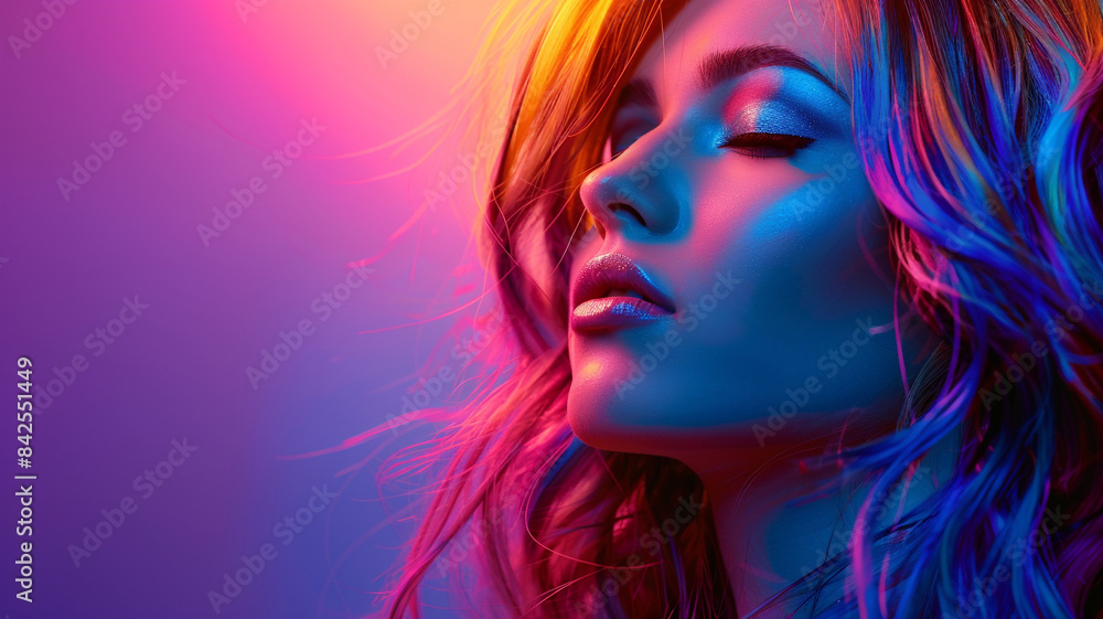 A beautiful woman with colorful on a glowing neon background A beautiful woman with colorful on a glowing neon background