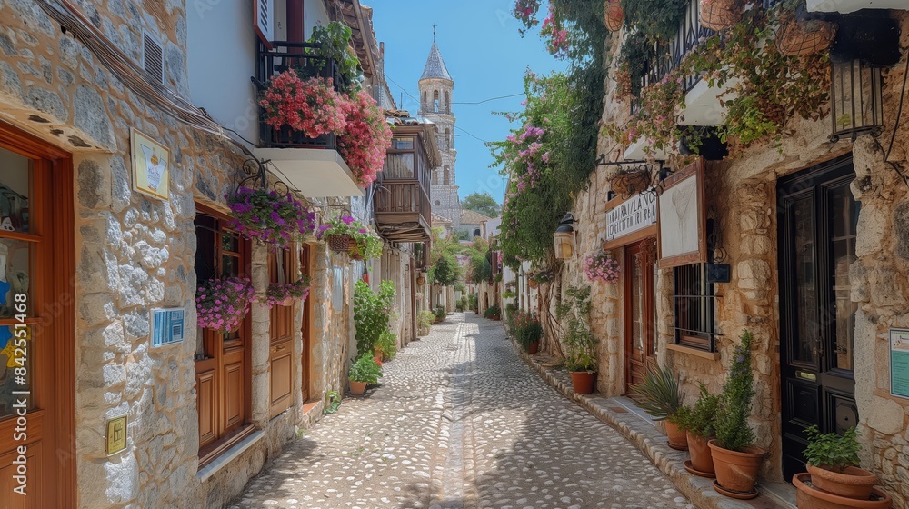 Fototapeta premium Quaint Mediterranean Village Street with Cobblestones, Flowering Balconies, and Historic Church Tower