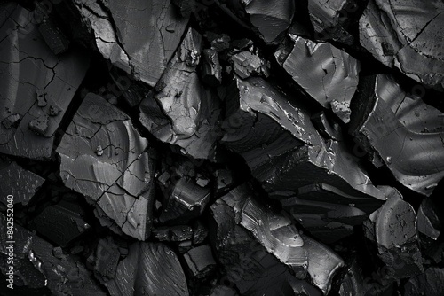 A high-resolution, sharp focus black and white photo showcasing the detailed textures of coal.