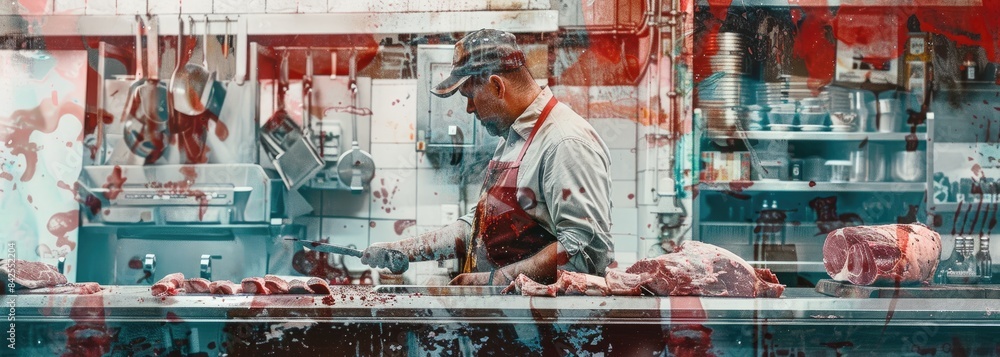 A butcher wearing a white apron and a cap is cutting meat on a table in a butcher shop. AIGZ01