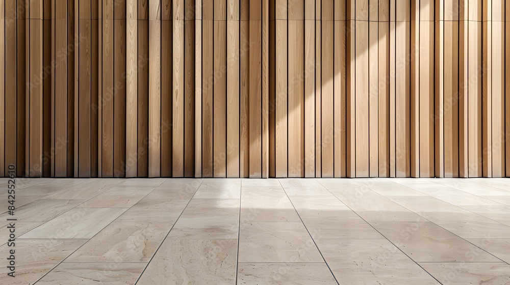 A wall with vertical wooden slats and beige floor in minimalist interior design style Background for product presentation A wall with vertical wooden slats and beige floor in minimalist interior design style Background for product presentation
