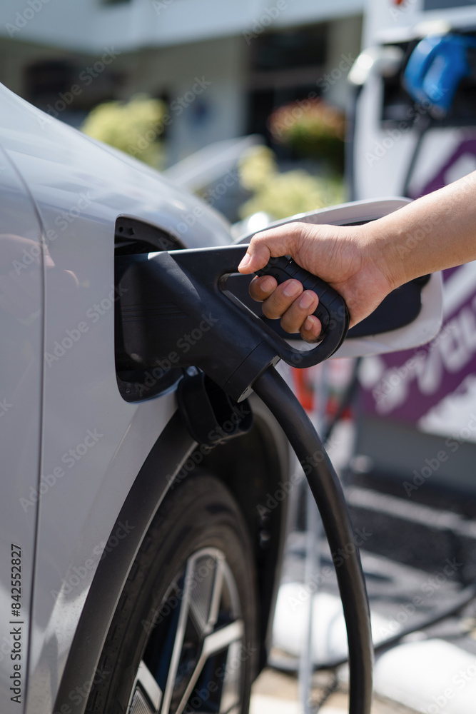 EV charging station for electric car in concept of green energy and eco power produced. EV charging station for electric car in concept of green energy and eco power produced.