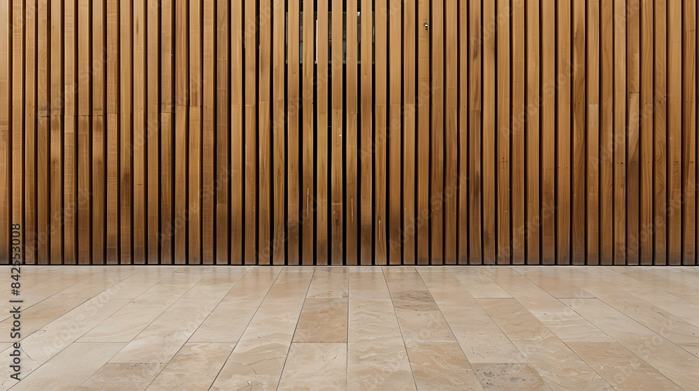A wall with vertical wooden slats and beige floor in minimalist interior design style Background for product presentation A wall with vertical wooden slats and beige floor in minimalist interior design style Background for product presentation
