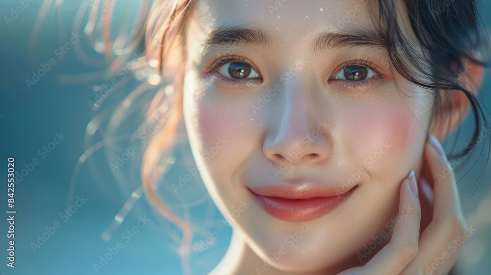 A close-up portrait of a young woman with a warm smile and glowing skin A close-up portrait of a young woman with a warm smile and glowing skin